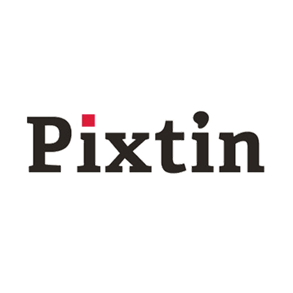 A simplistic black and white logo with the name 'Pixtin' in a sans-serif font, featuring a red square dotting the 'i'.