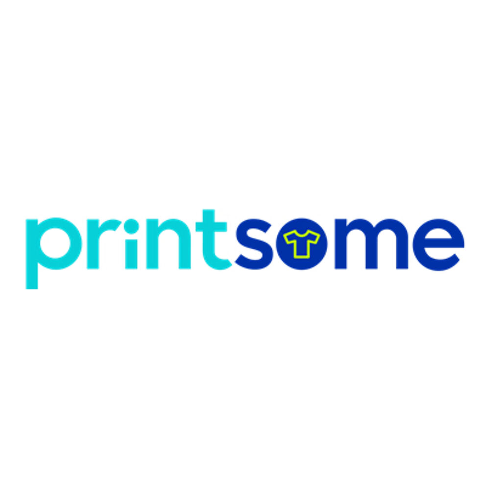 A minimalist logo featuring the word 'printsome' in lowercase blue letters with a stylized t-shirt icon as the 'o'.