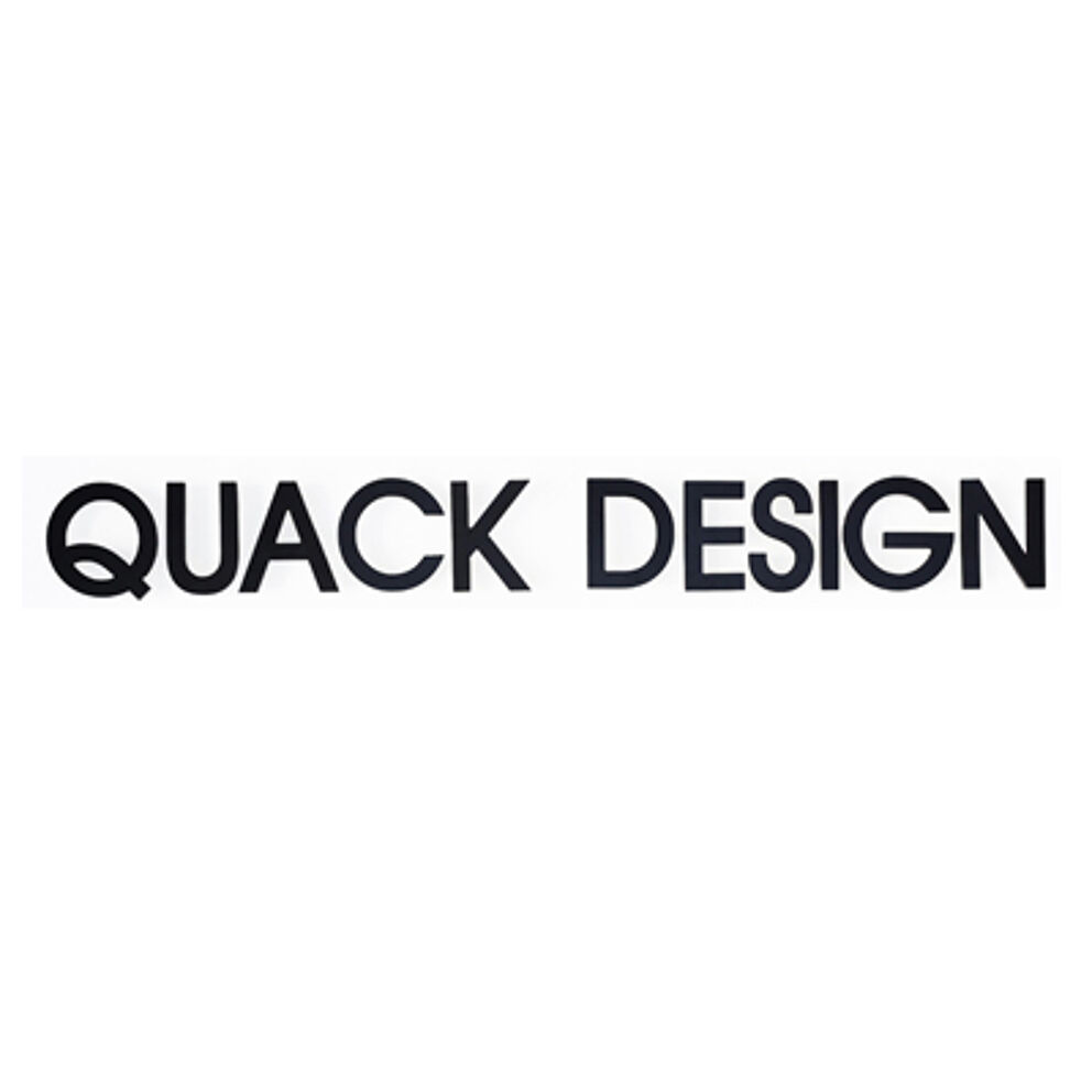 A minimalist black and white logo featuring the words "QUACK DESIGN" in a sans-serif font.