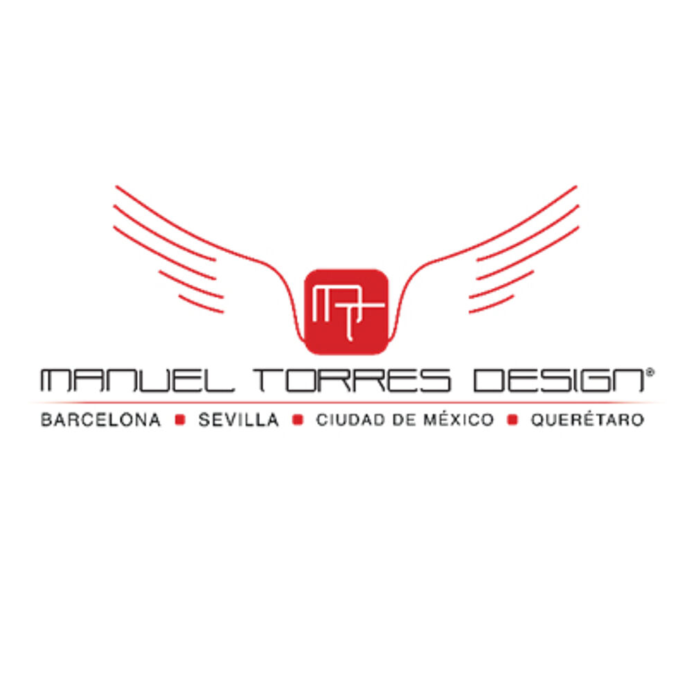 A red and white logo featuring an abstract winged design with the initials "MT" at the center, accompanied by the text "Manuel Torres Design" and location markers for Barcelona, Sevilla, Ciudad de México, and Querétaro.