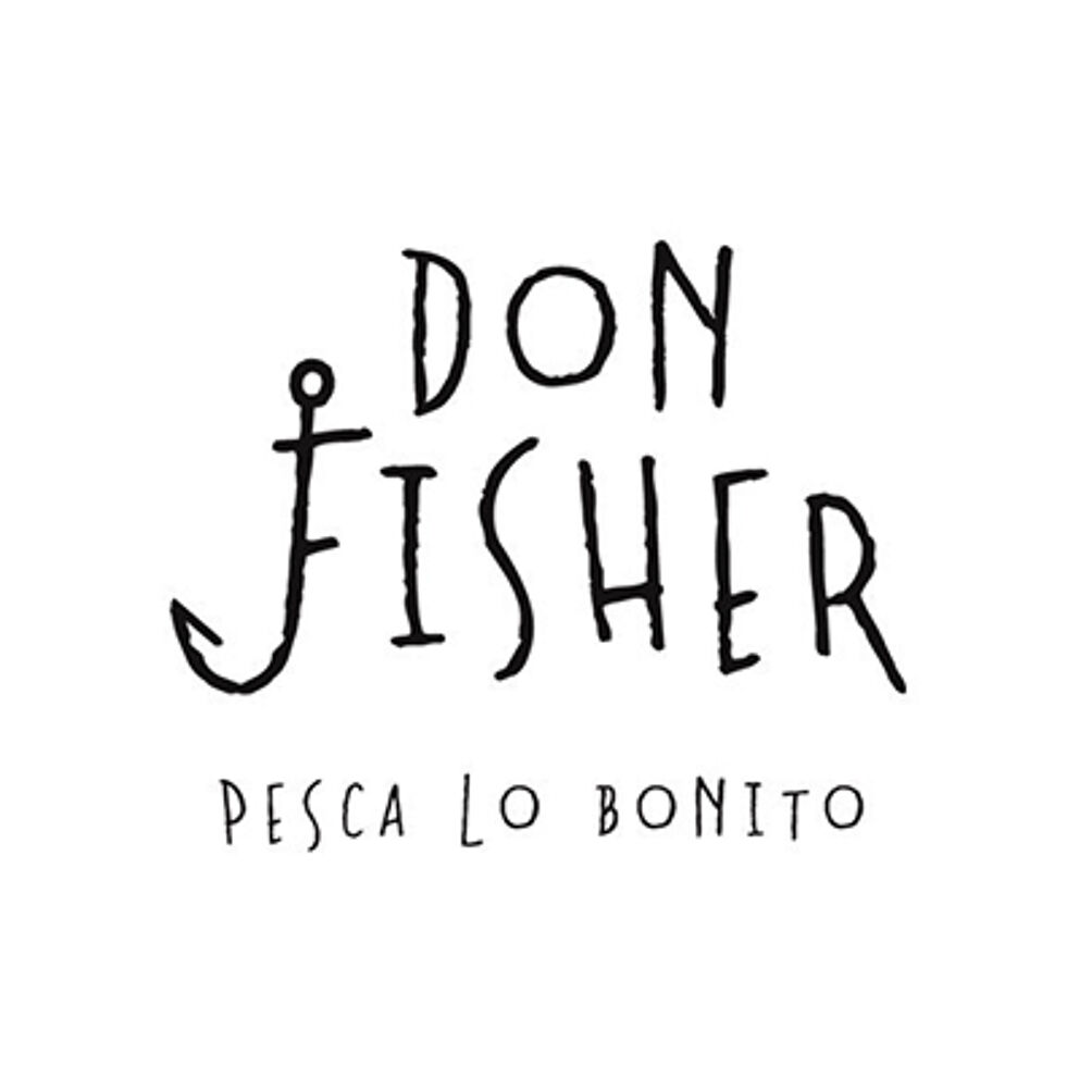 A nautical-themed logo with "Don Fisher" written in a hand-drawn style, where the 'F' resembles a fish hook, complemented by "Pesca lo bonito" beneath.
