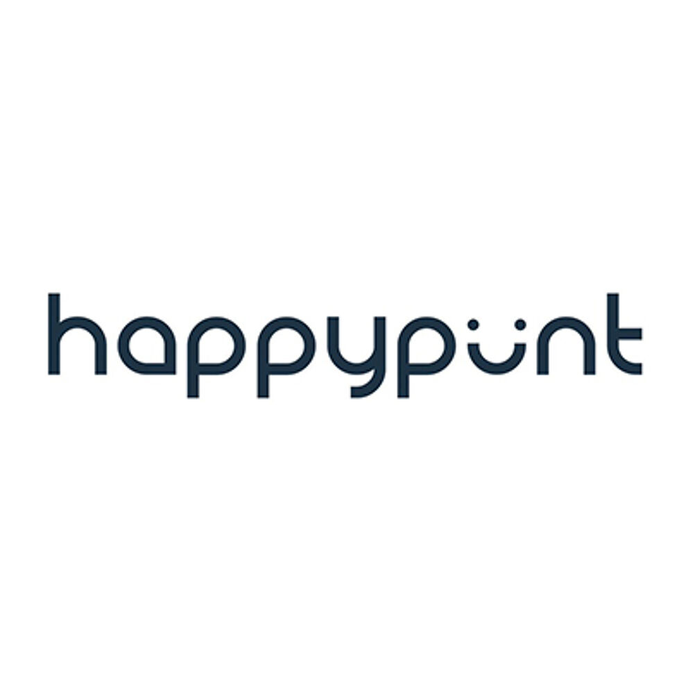 A clever logo showcasing 'Happypunt' in a sans-serif font, with two dots above the 'u' forming a smiling face.