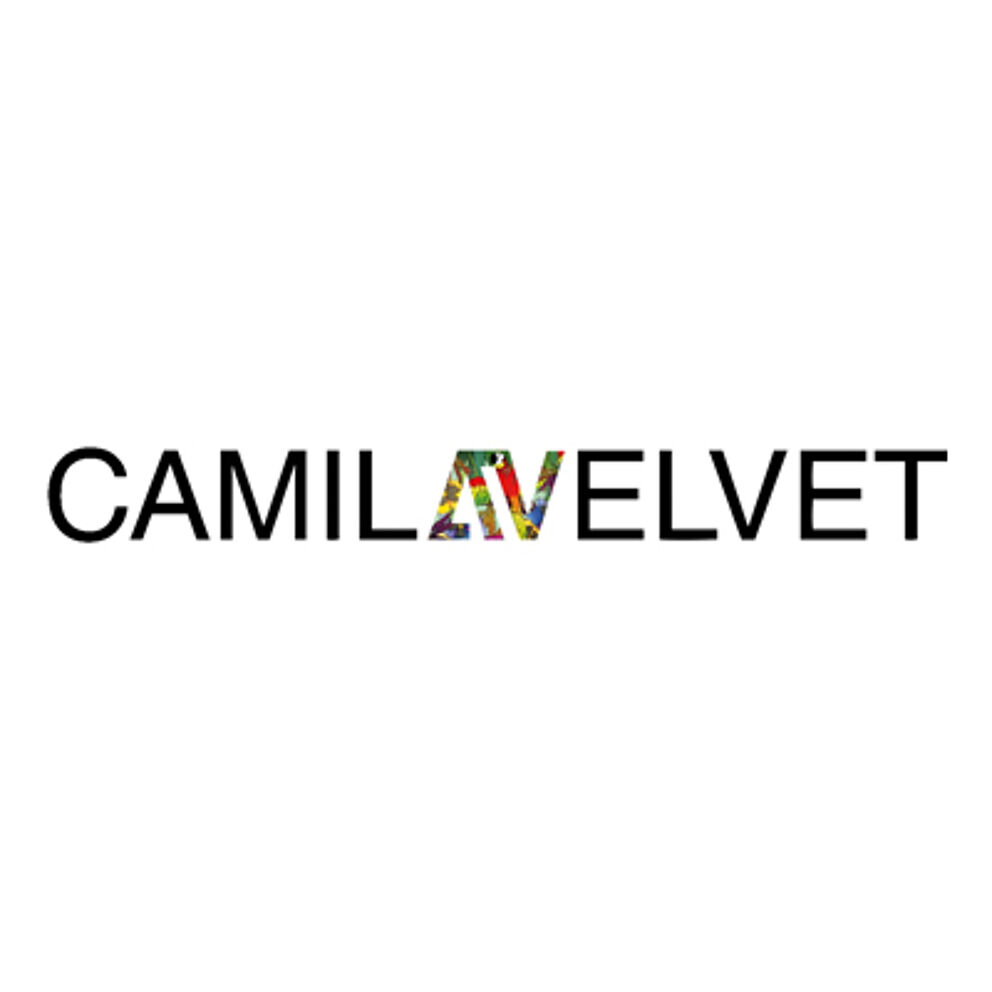 The logo "CAMILA VELVET" features both 'A' and 'V' letters adorned with a vibrant floral design, contrasting the otherwise plain black text.