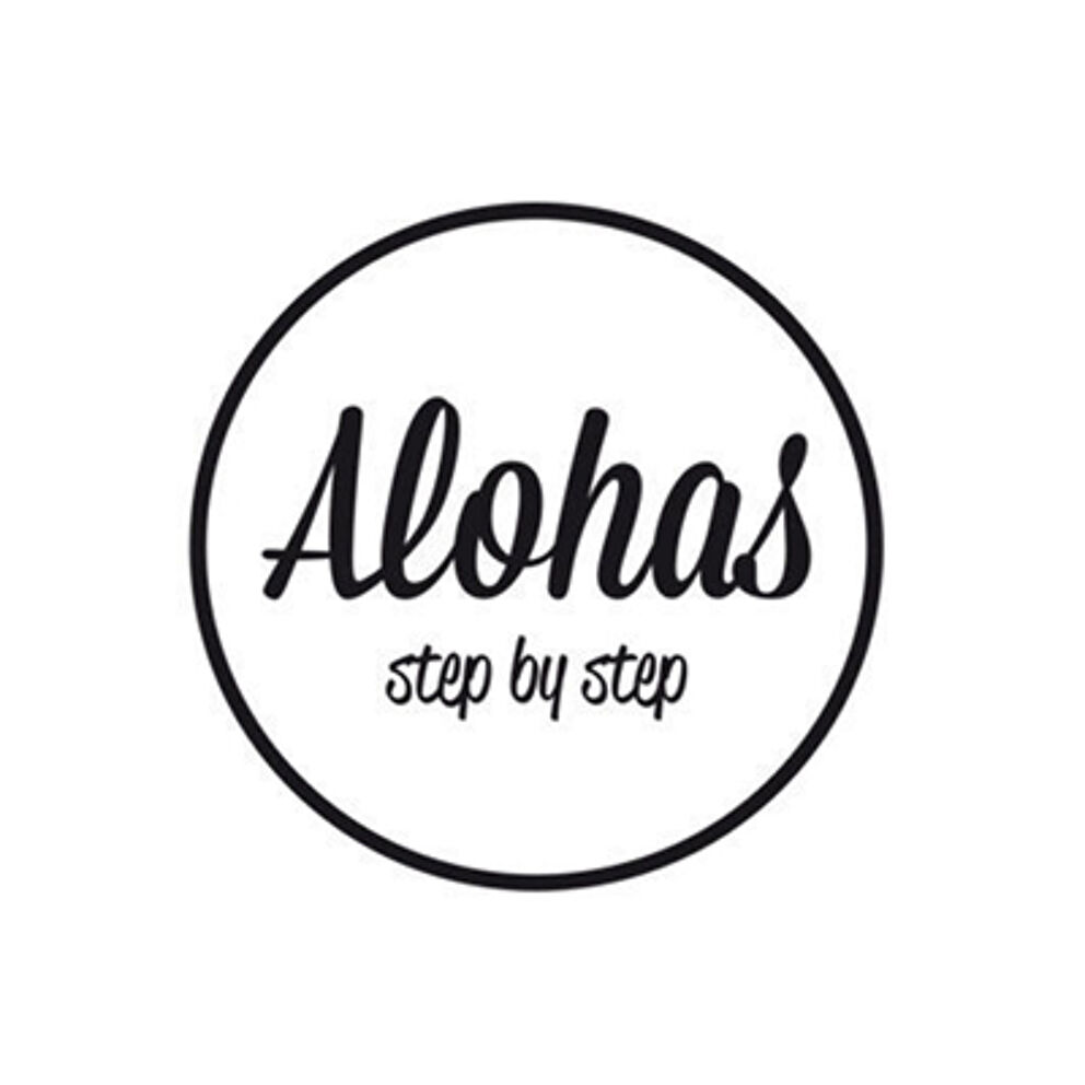 A simplistic circular logo featuring the word 'Alohas' in a cursive font, with the tagline 'step by step' underneath.