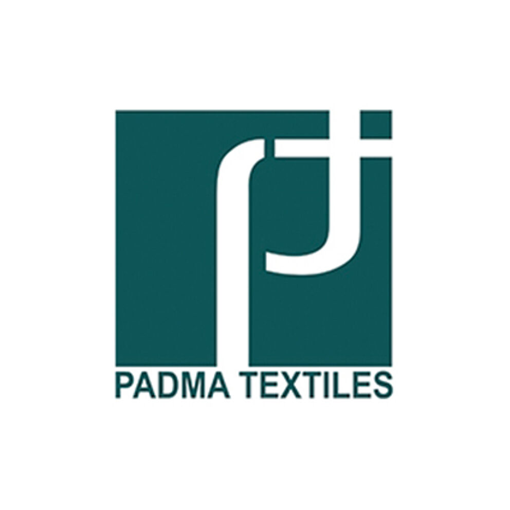 A teal square logo with abstract white letters 'P' and 'J' intertwined, representing Padma Textiles.