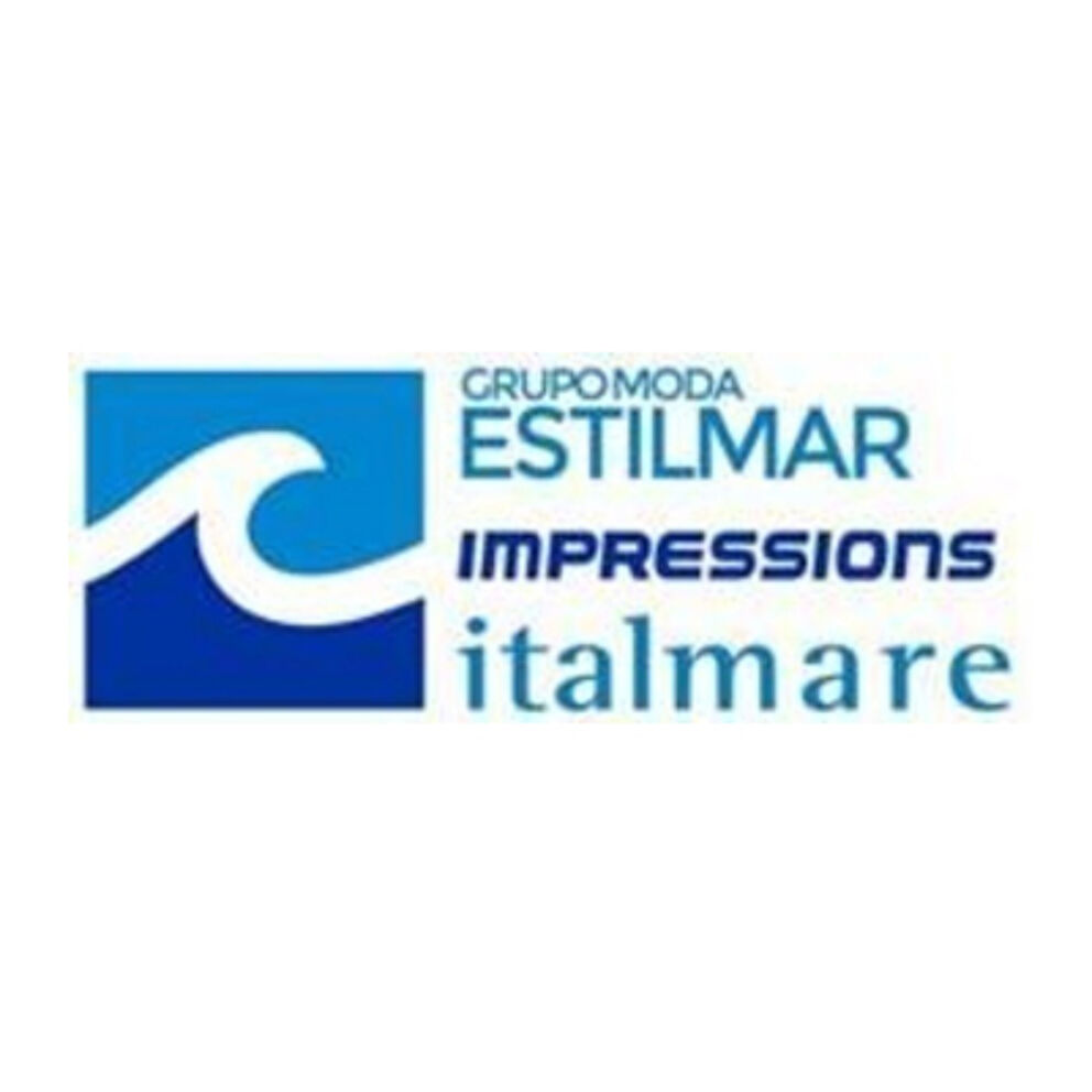 A square logo featuring stylized blue waves and text for 'Grupo Moda Estilmar Impressions italmare'.