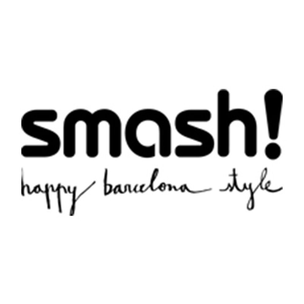 A playful and artistic black text logo for 'Smash!', including the slogan 'happy barcelona style'.