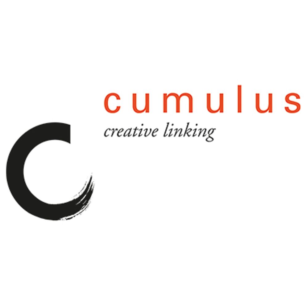 Black letter 'C' with a stylized cumulus cloud element in orange and black, representing 'creative linking.'
