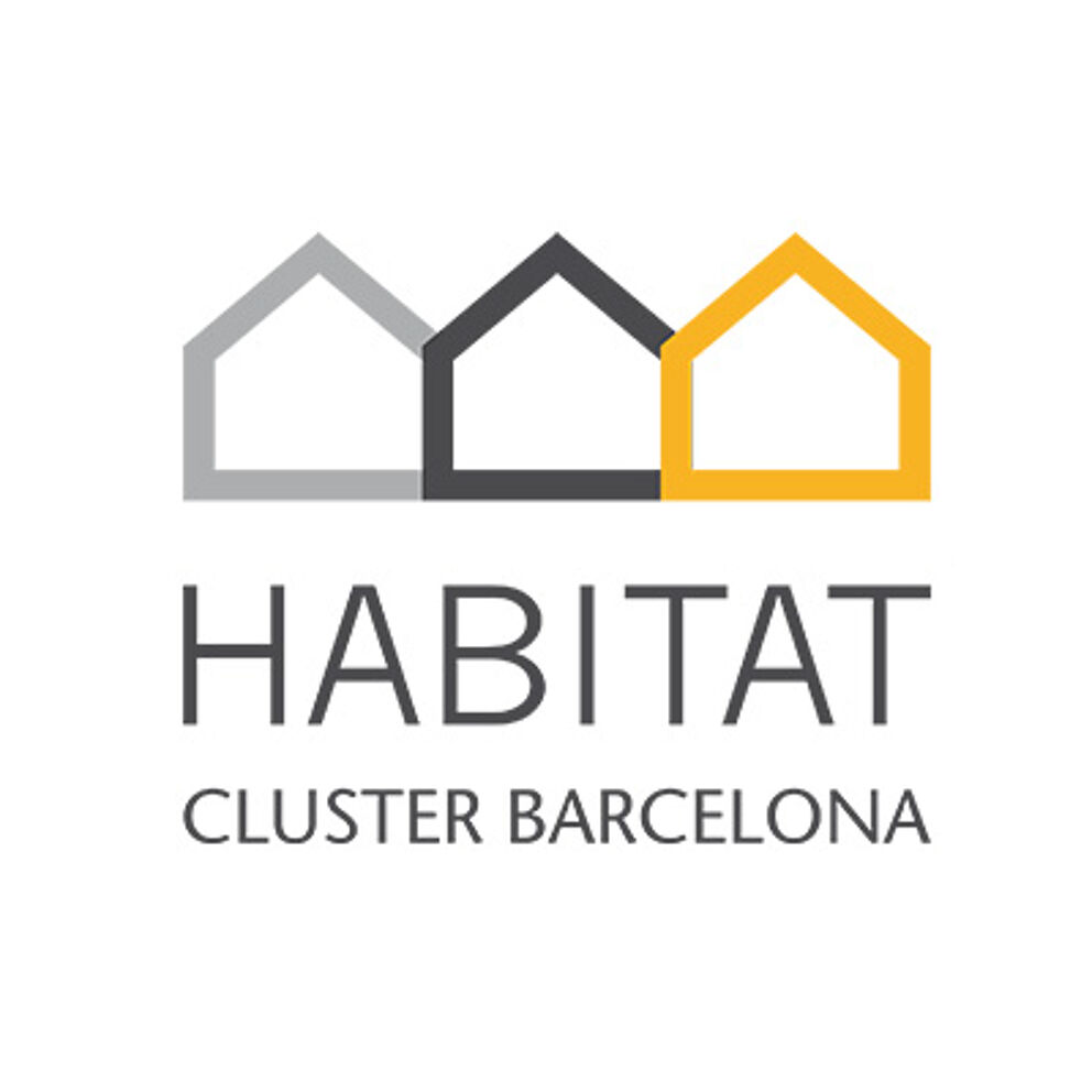 A professional logo featuring three stylized houses with pointed roofs, in grey, black, and gold, with "HABITAT CLUSTER BARCELONA" text.