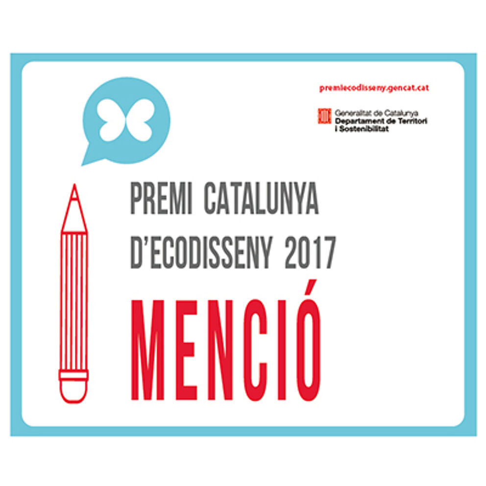 A blue and white plaque for the 'Premi Catalunya d’Ecodisseny 2017 Menció', featuring a red pencil graphic, a speech bubble icon, and organizational logos.