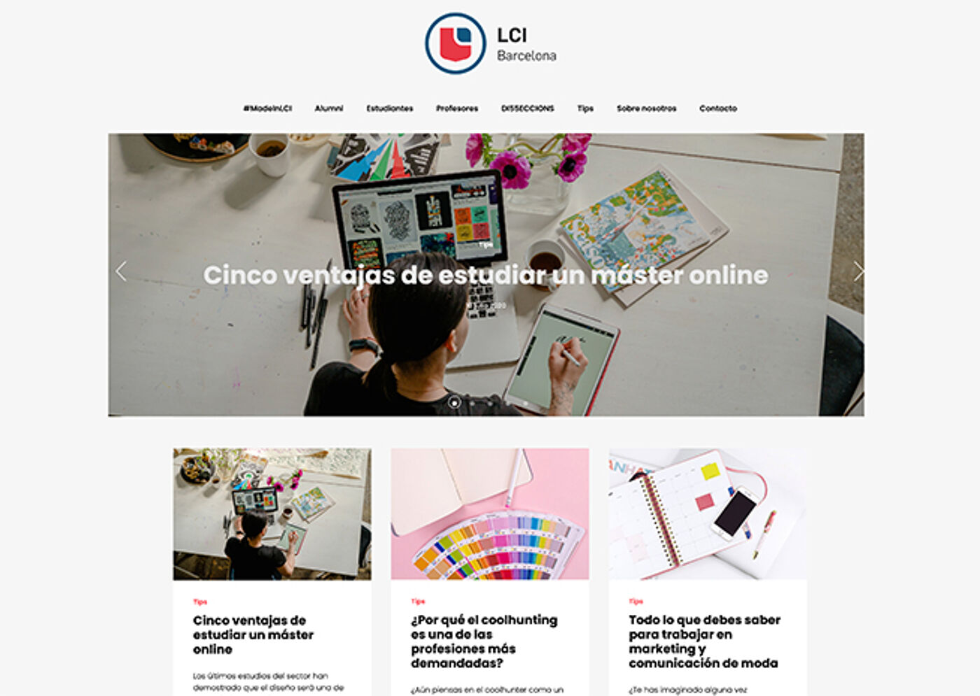 Website showcasing the benefits of an online master's at LCI Barcelona with images of study materials.