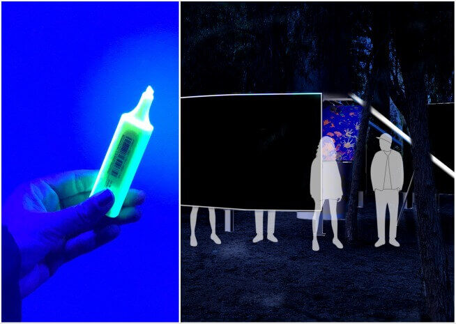 Image split between a glowing green object in a hand and a night-time outdoor art display with silhouetted figures.
