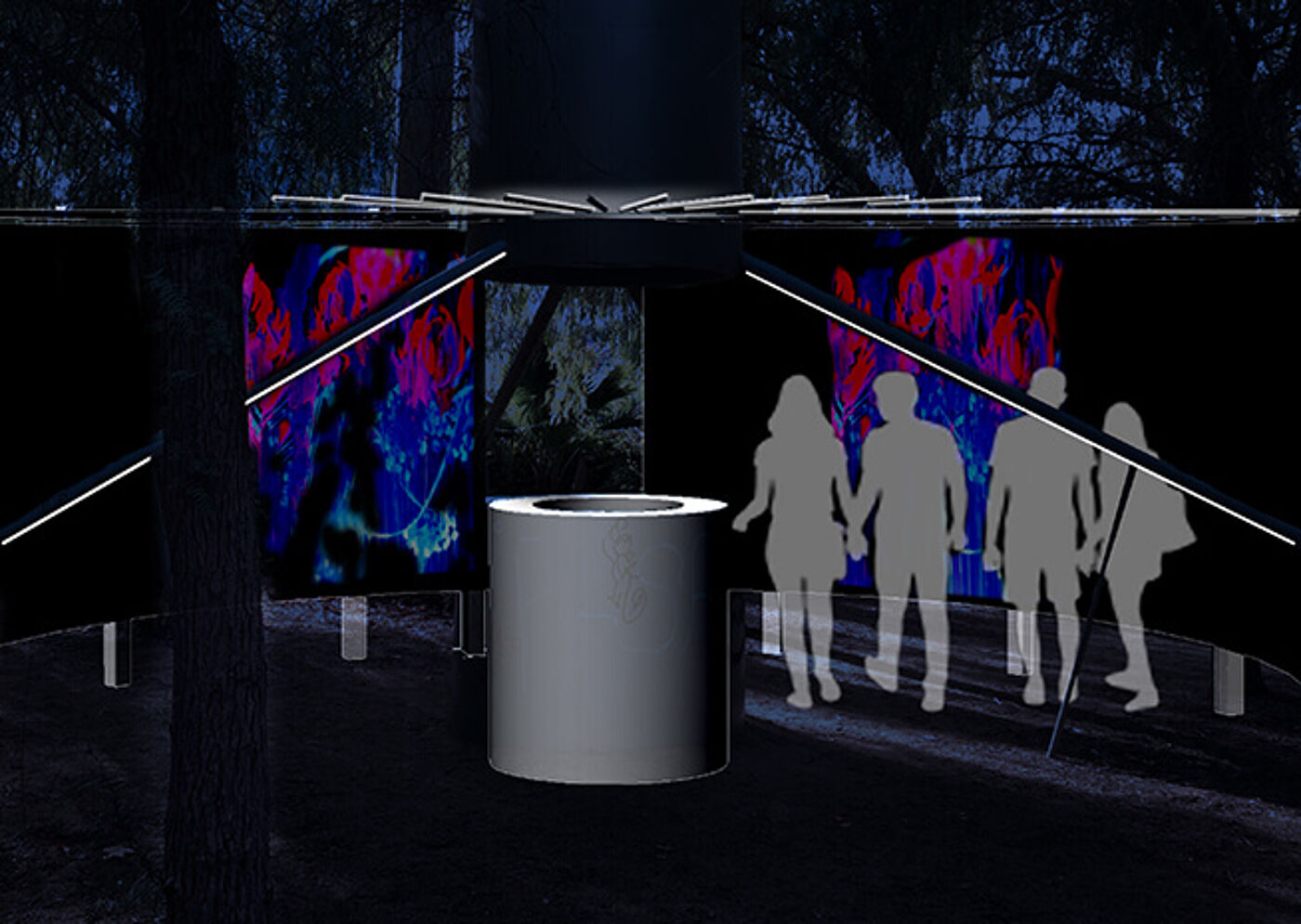 Siluetas en una Instalación Artística Nocturna