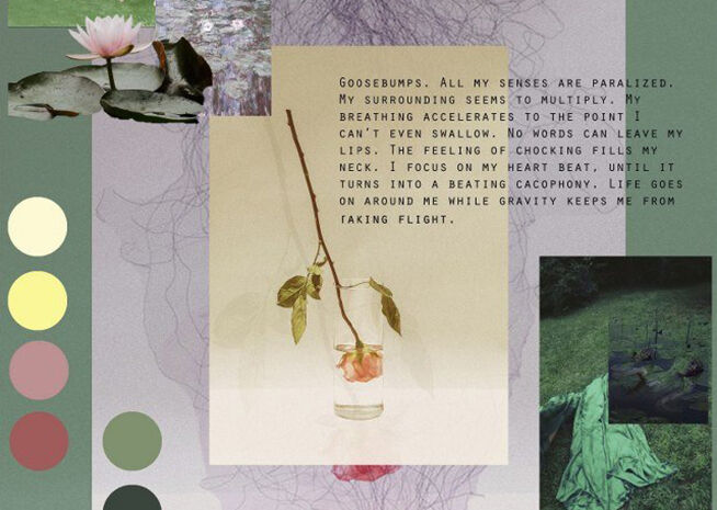 Un collage de medios mixtos que muestra una nota poética, una rosa colgante y imágenes de follaje y un lirio de agua, combinados en una paleta de colores pastel con elementos texturales.