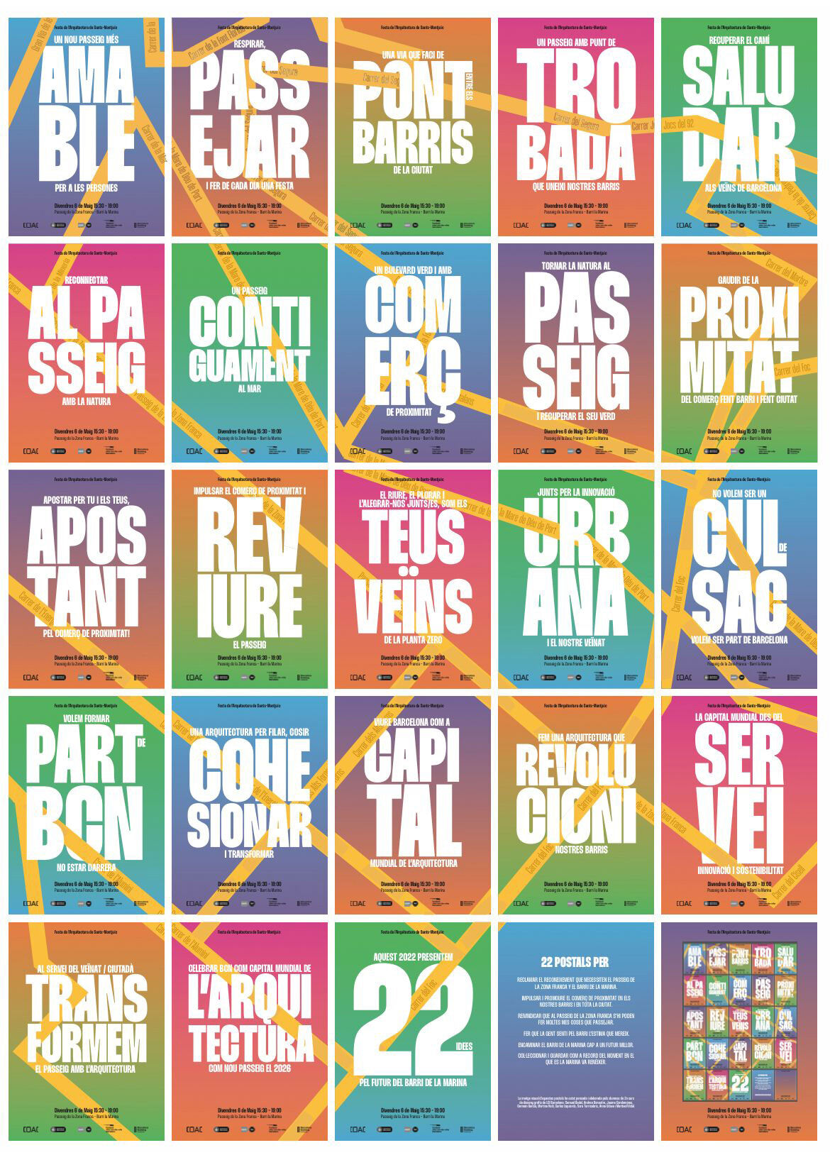 Una col·lecció colorida de cartells tipogràfics amb lletres en negreta, possiblement per a una campanya cultural o política.