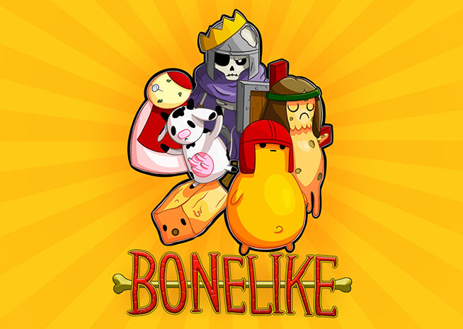 Colorful game graphic featuring a cartoonish skeleton, a panda, and other whimsical characters with the title 'BONELIKE'.
