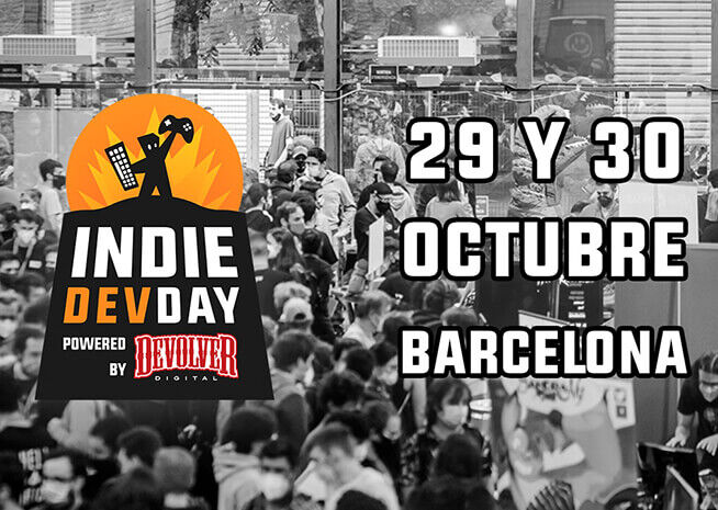 Gráfico promocional para el Indie Dev Day en Barcelona, mostrando una multitud bulliciosa, con las fechas del evento y el logotipo.