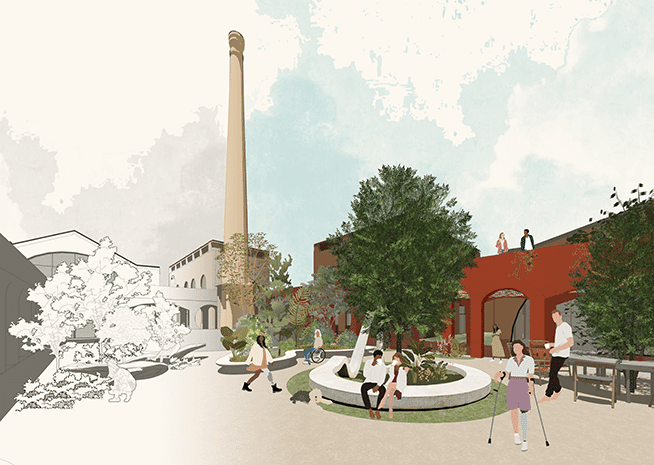 Boceto arquitectónico de una tranquila plaza urbana con personas relajándose alrededor de un banco circular, acentuado por la vegetación y una chimenea histórica.