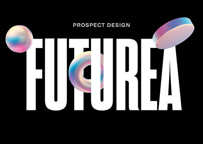 Gráfico artístico con la palabra 'FUTURA' en letras negritas y esferas iridiscentes sobre fondo negro.