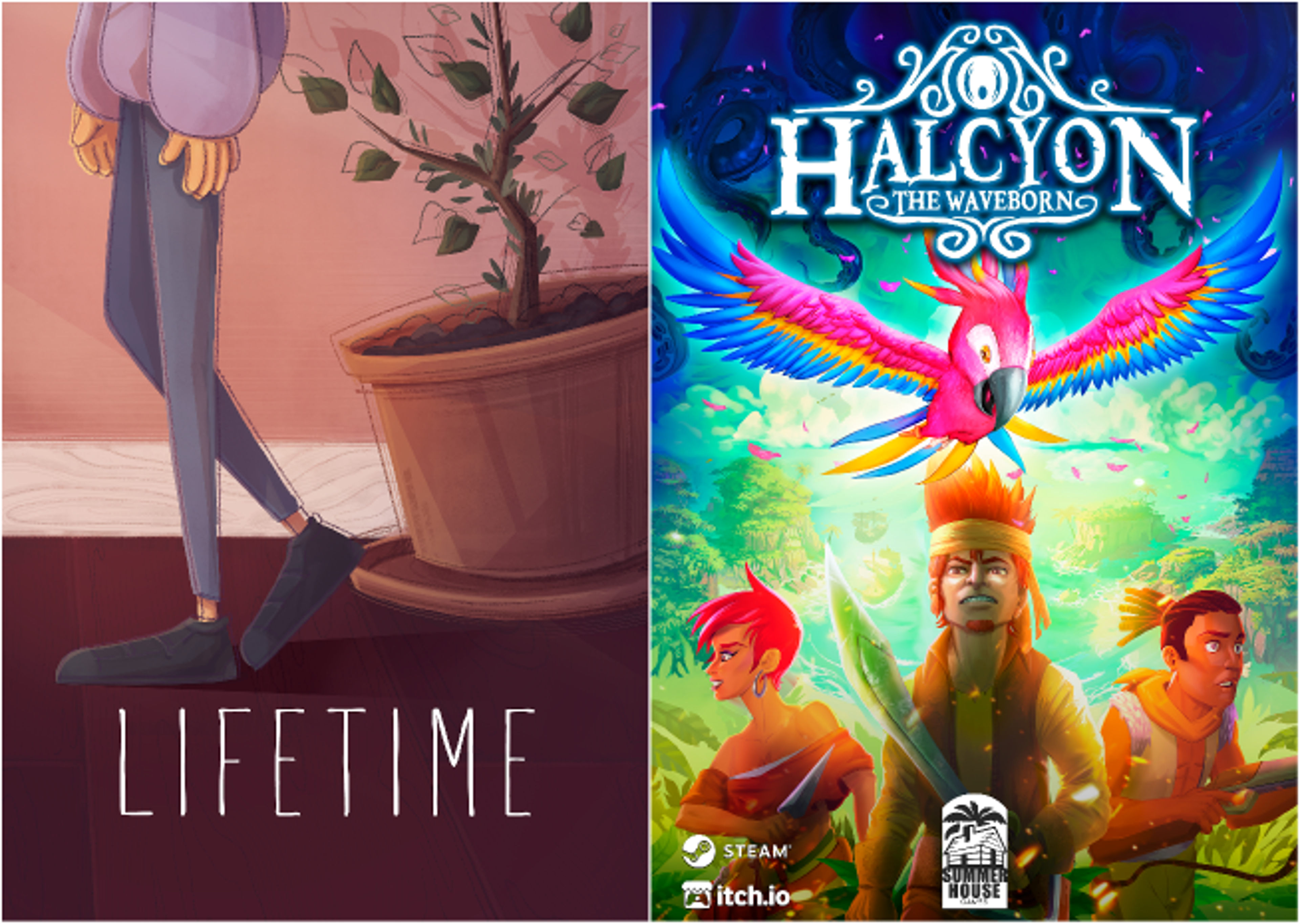 A split-image poster; on the left, a subtle depiction of a person's lower half next to a potted plant, titled "LIFETIME", on the right, a vibrant game advertisement for "HALCYON THE WAYBORN" with a central character and a colorful bird.