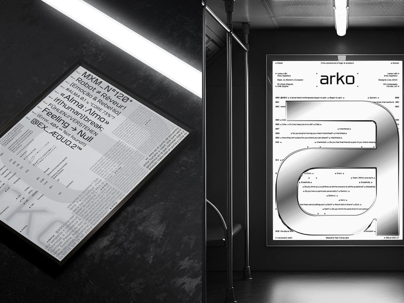 The image shows two contrasting posters. One is a close-up of a document with dense, technical-looking text, while the other features a large, stylized letter 'a' with the word 'arko' above it, set against a dark background.