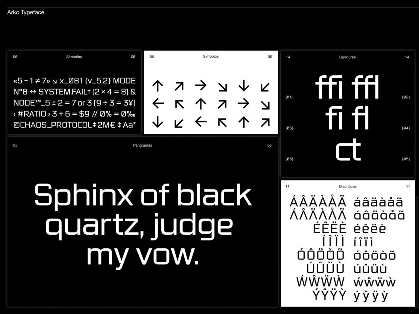 The image displays a typeface called Arko, showcasing various characters, symbols, and ligatures. It includes uppercase and lowercase letters, numbers, arrows, and special characters, presented against a black background with white text.