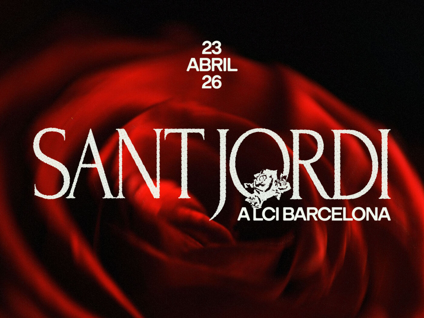 This image is an advertisement for Sant Jordi at Alci Barcelona, celebrated on April 23rd. The image features a detailed red rose.