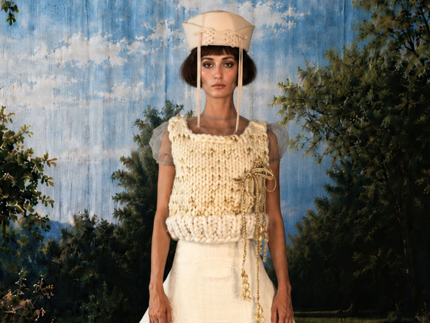 A model poses in a cream-colored, hand-knitted, sleeveless top with intricate gold detailing and a matching hat, set against a backdrop of trees and a cloudy sky.