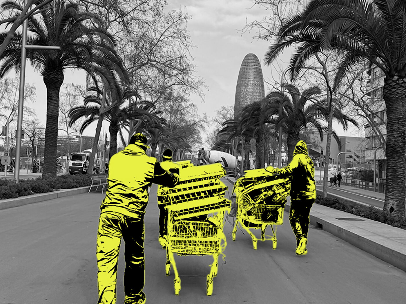 People with shopping carts full of bright yellow objects walk down a palm-lined street, with a tall, curved building in the background.