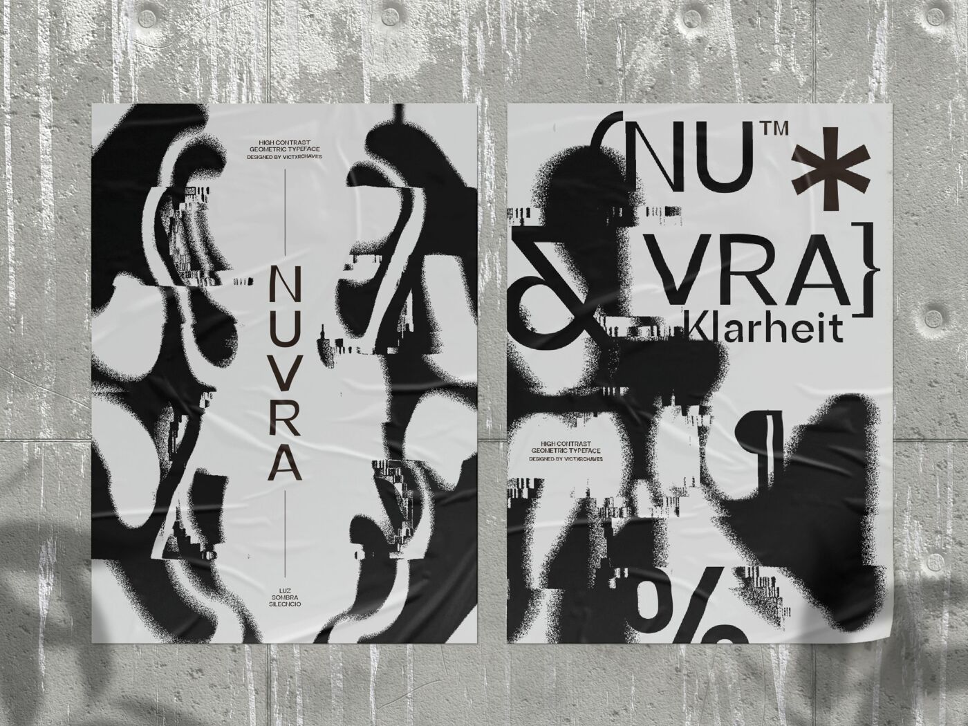 Two digital posters with an abstract, minimalist black and white design. They feature bold typography and glitchy graphic elements, creating a modern and striking aesthetic.