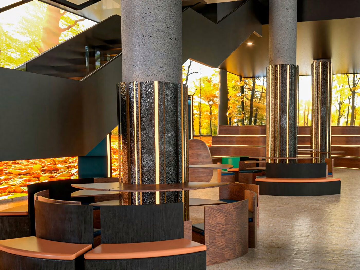 This image showcases a modern interior space featuring decorative columns, circular seating, and staircases. Large windows reveal a vibrant autumn landscape with yellow and orange foliage.