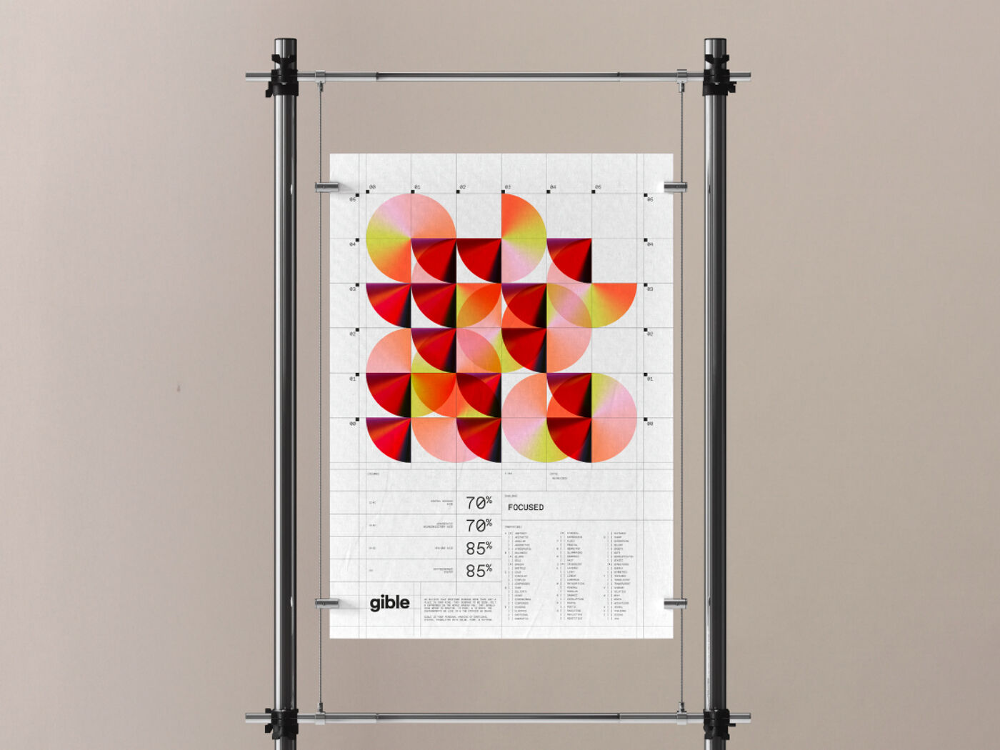 A poster featuring an abstract geometric design with circular and square shapes in red and orange hues, accompanied by text at the bottom.