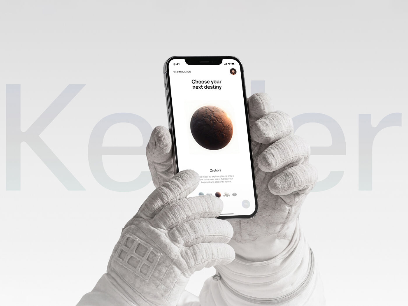 A gloved astronaut hand holds a phone displaying a space travel app with the text "Choose your next destiny" and an image of a planet.