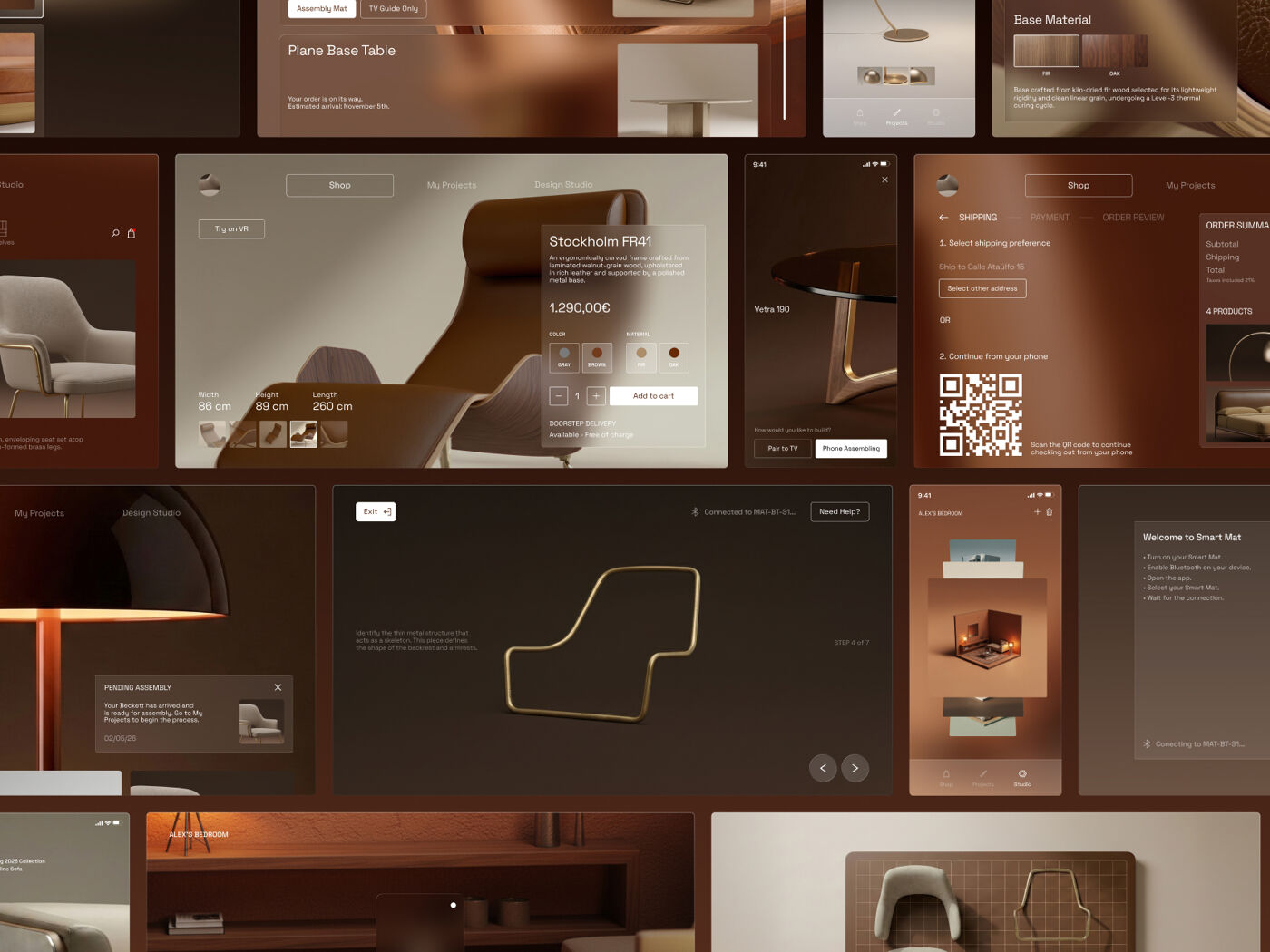 This image showcases a collection of digital screens displaying luxury furniture, featuring product details, pricing, and purchasing options, all within a modern and elegant aesthetic.
