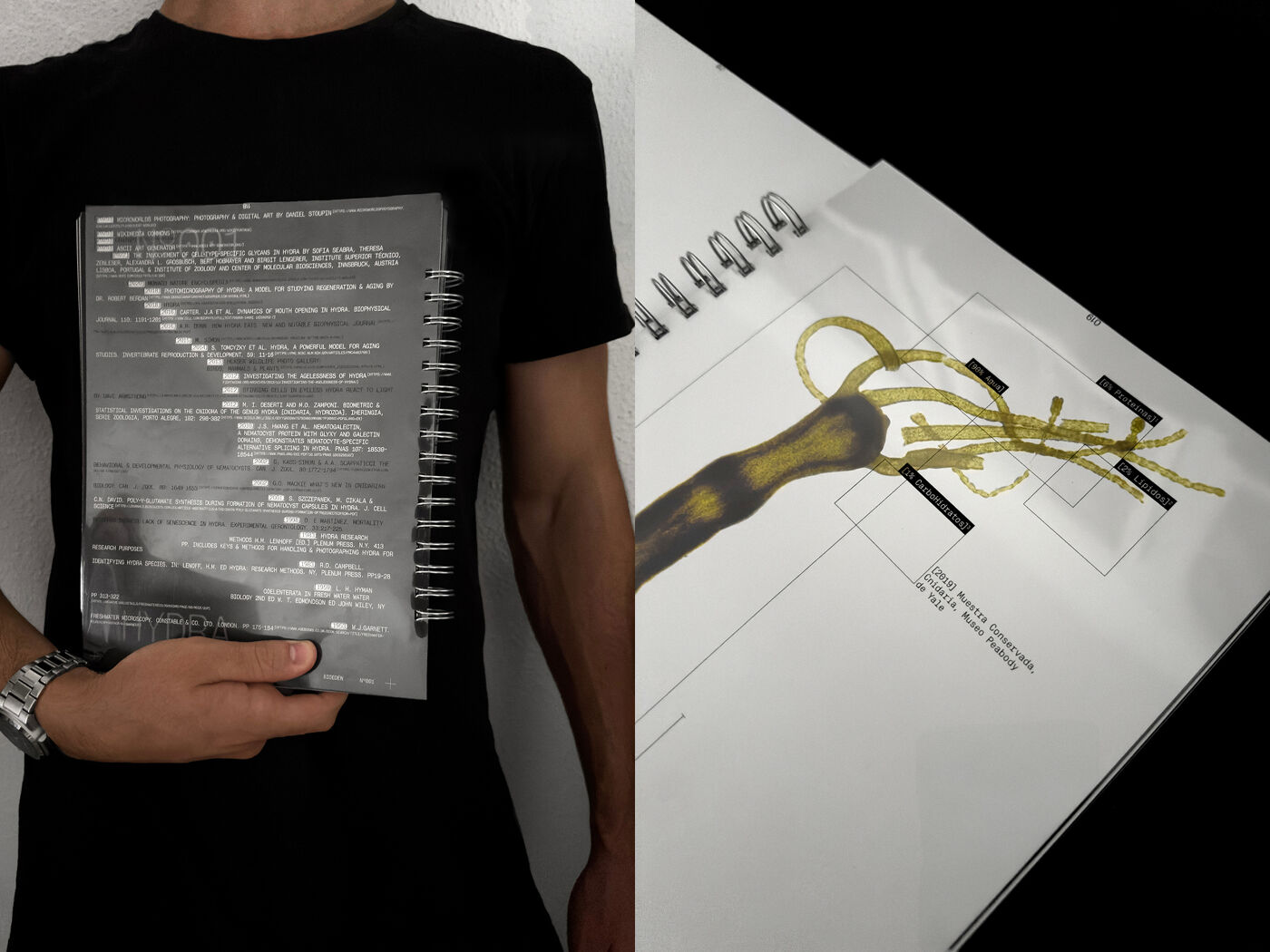 A man in a black t-shirt holds a spiral-bound notebook with a complex flowchart. To the right, a close-up shows a diagram with a golden, tentacle-like illustration.