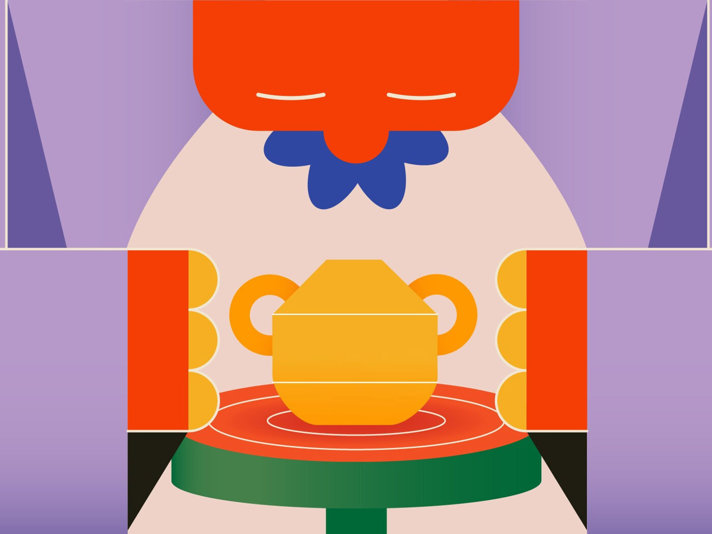 A person with a red nose and a blue collar is crafting a yellow pot on a pottery wheel. The lighting creates a warm and inviting atmosphere.