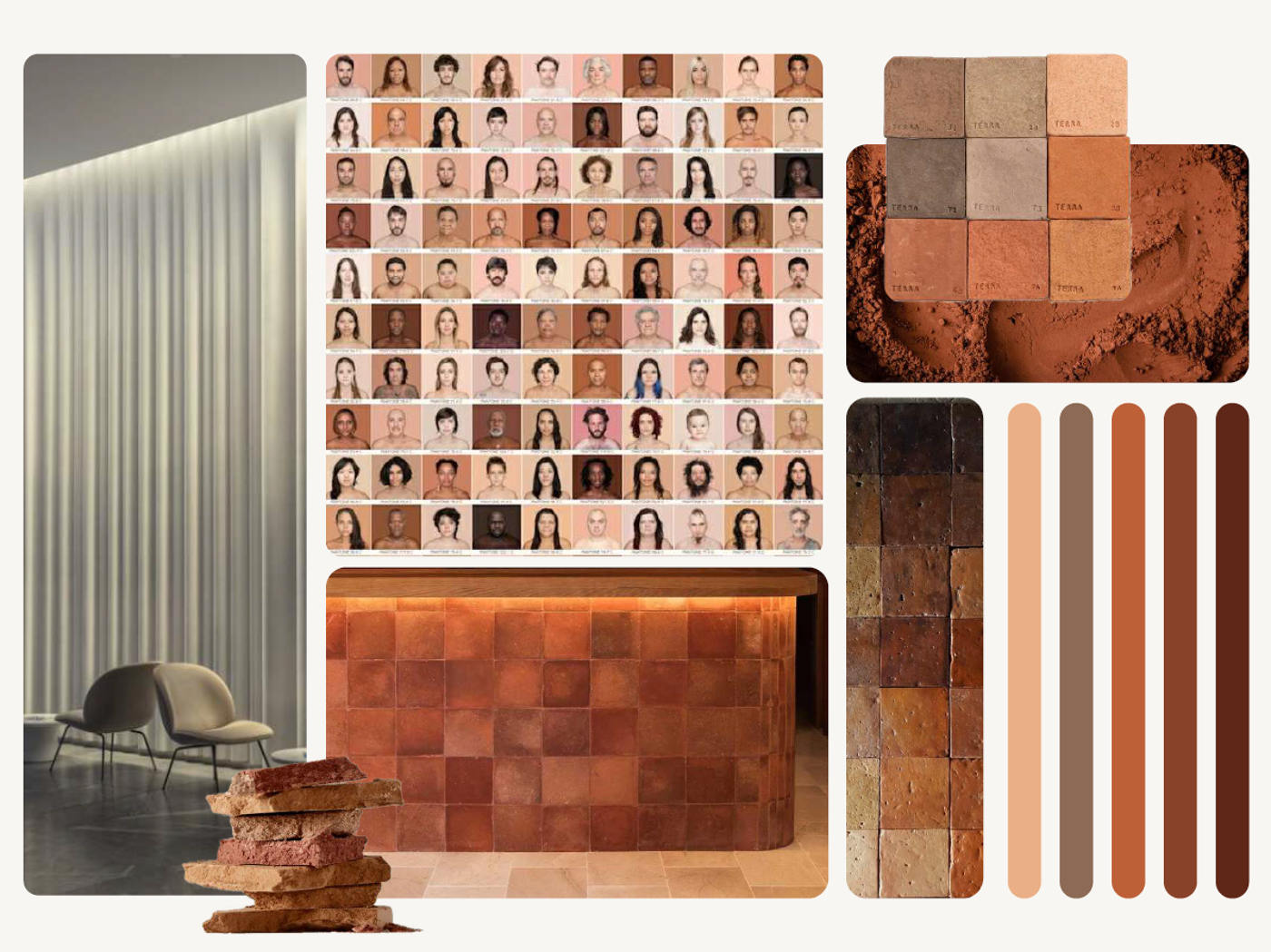 This image showcases an earthy color palette, featuring skin tones, bricks, and powders, evoking a warm and organic feel for interior design.