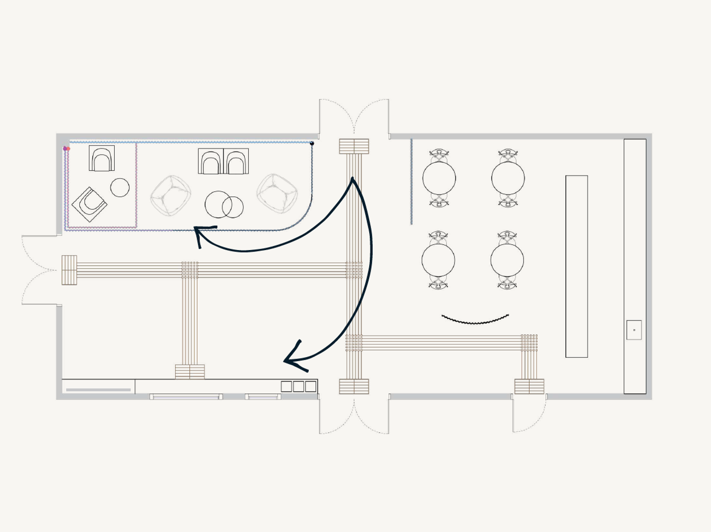 This is a floor plan of an interior space, possibly a cafe or lounge area, showing seating arrangements and flow indicators.