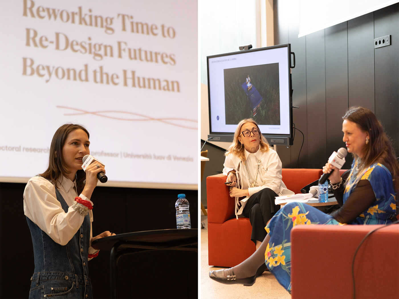 Collage of two images from different talks during the latest edition of the Fashion Symposium organised by LCI Barcelona and held on its campus.