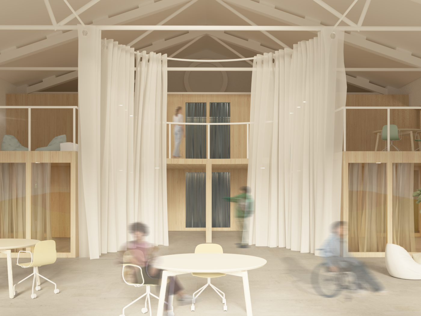 This image depicts a spacious and bright indoor area featuring lofted beds, white curtains, and open workspaces, creating a welcoming and functional atmosphere.