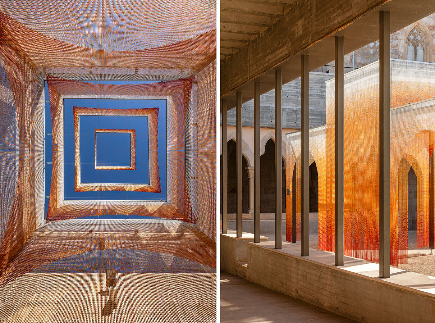 The image displays an outdoor art installation featuring colorful, translucent fabric draped to create a captivating visual effect, with one view looking up towards the sky and another showing the structure within a courtyard.
