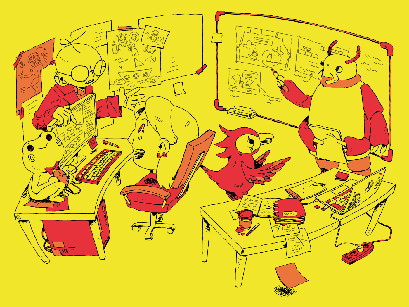 A hand-drawn style image depicts a group of whimsical creatures in an office or classroom setting, engaged in learning and teaching activities.