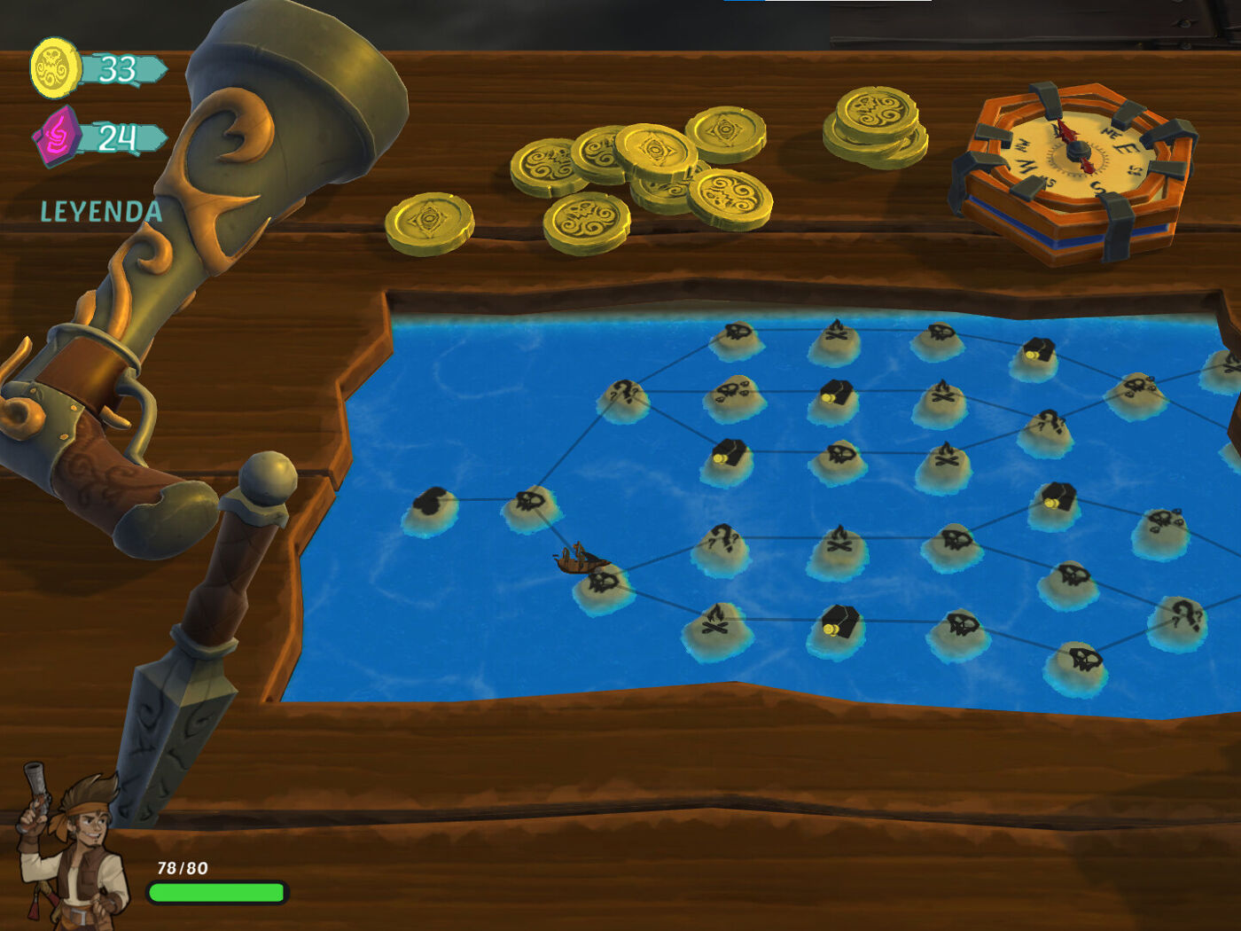 This board game appears to be a pirate-themed game featuring gold coins, a compass, and a map of islands for navigation.