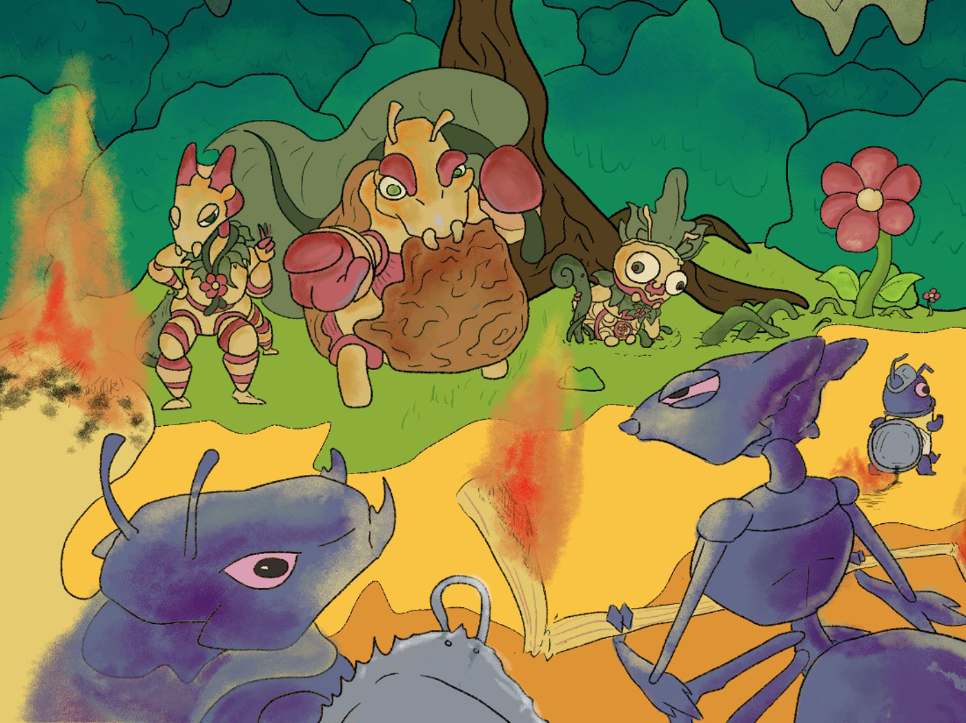 The image depicts a chaotic scene with insect-like creatures, some of which are on fire. There appears to be a conflict or battle taking place in a forest-like environment.