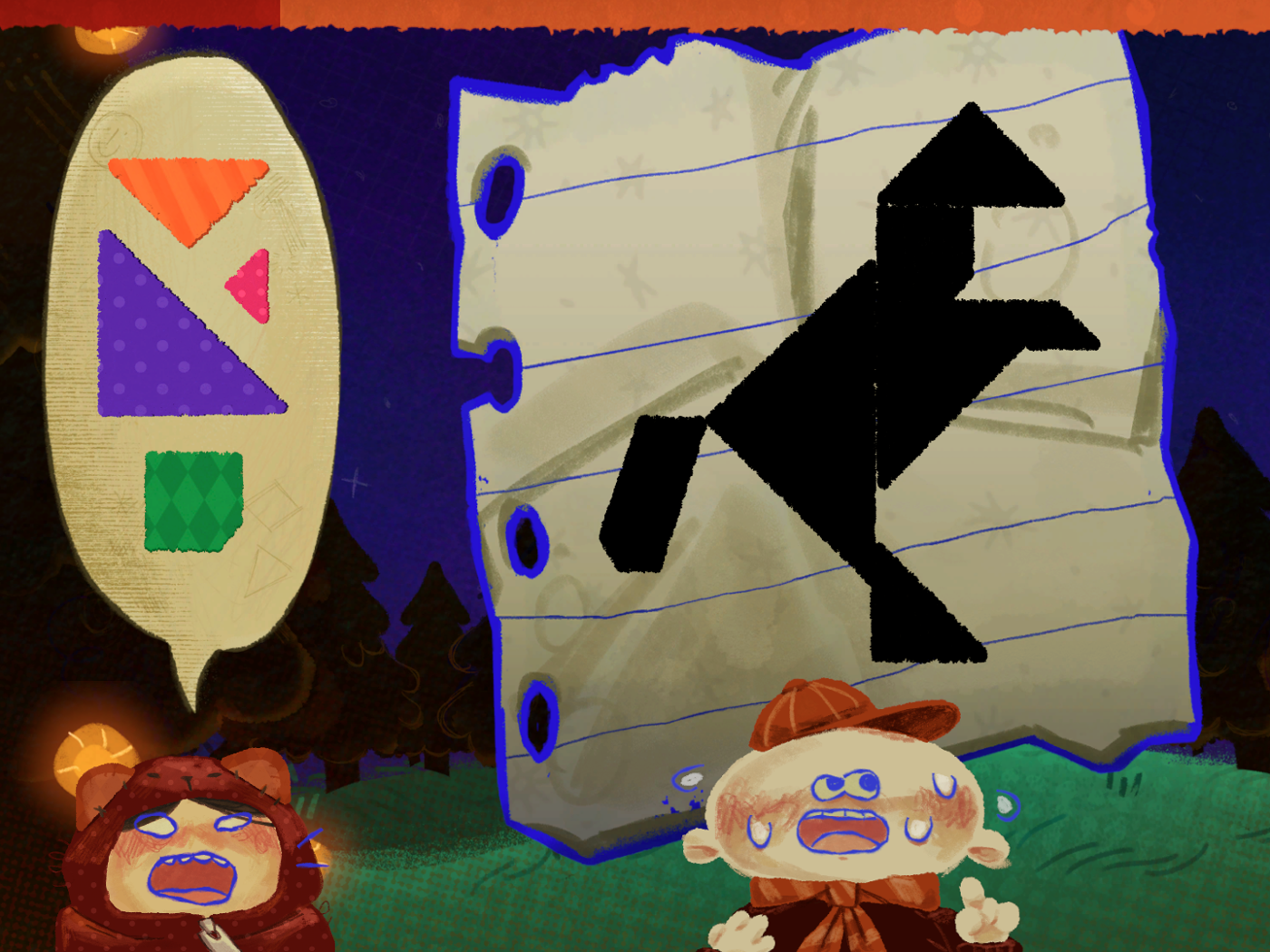 Two children are crying in front of a piece of paper showing a bird silhouette made of puzzle pieces. One child is thinking about the missing pieces.