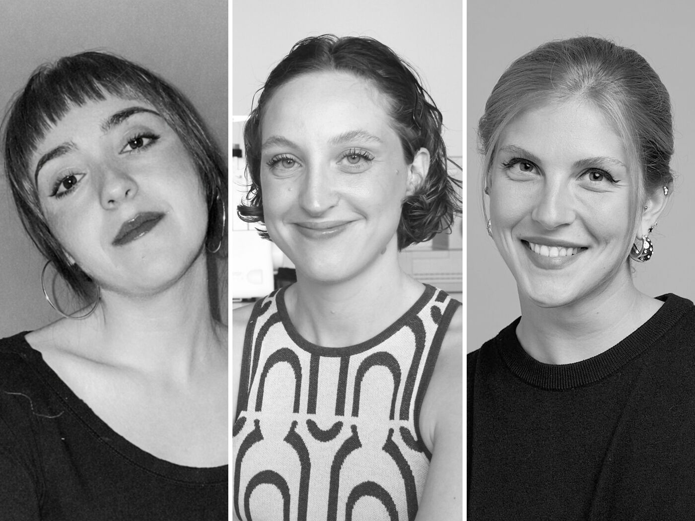 This image displays a triptych of black and white portraits featuring three young women with distinct hairstyles and attire, each gazing in slightly different directions.