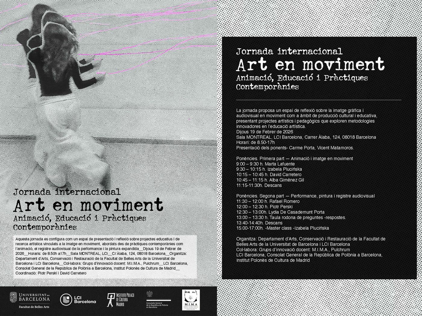 The image is a flyer for an international conference titled 'Art in Movement' focusing on animation, education, and contemporary practices, with details in Catalan.