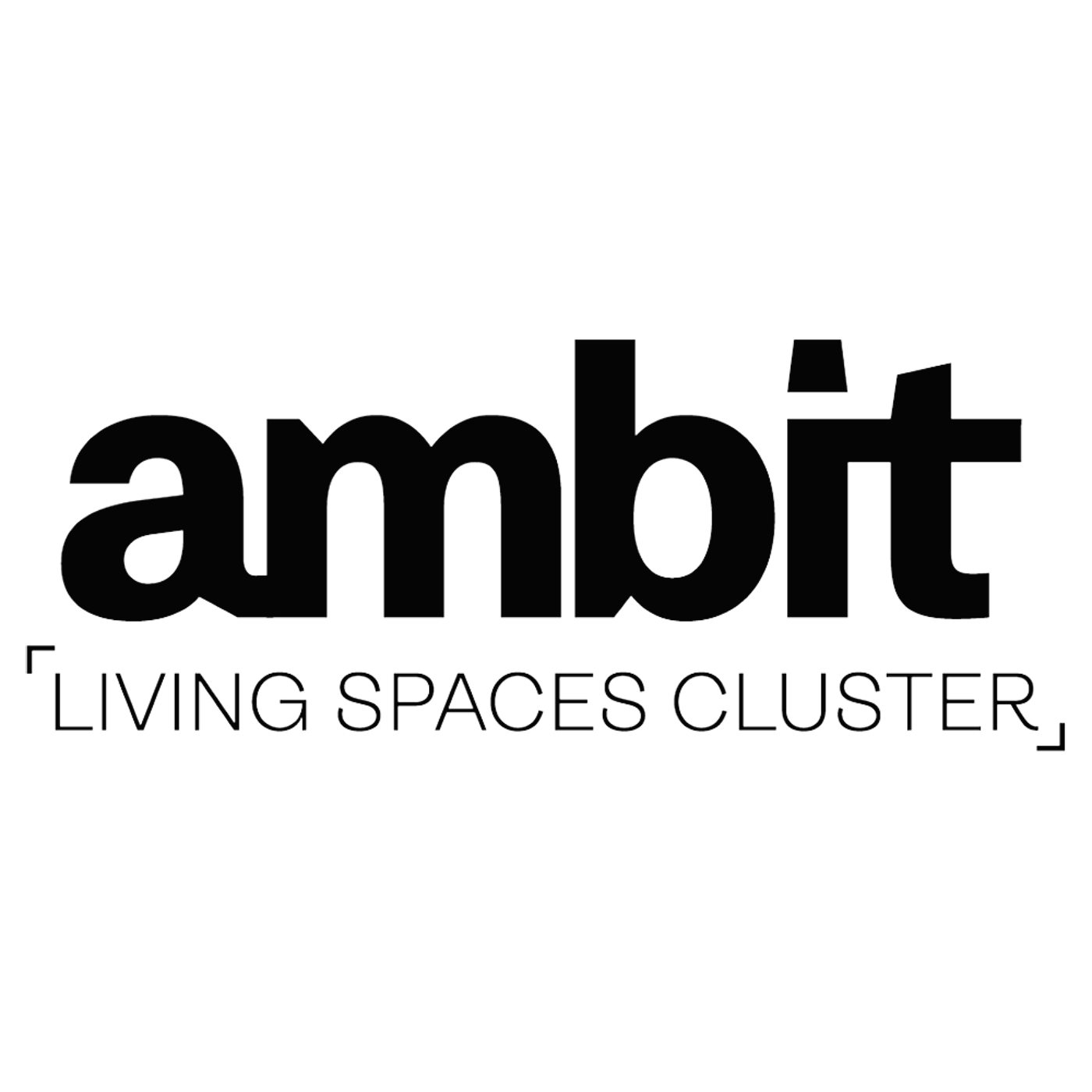 The image features the word "ambit" in a bold, sans-serif font, positioned above the phrase "LIVING SPACES CLUSTER" in a smaller, more stylized font, enclosed in brackets. The text is black against a black background.