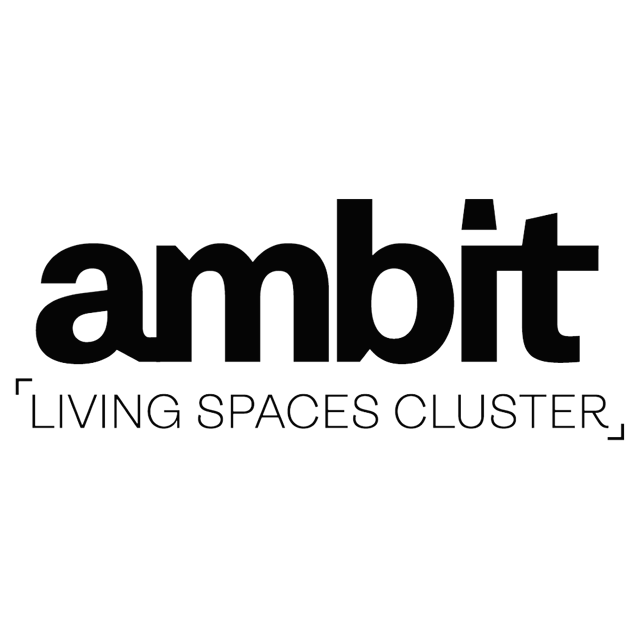 The image features the word "ambit" in a bold, sans-serif font, positioned above the phrase "LIVING SPACES CLUSTER" in a smaller, more stylized font, enclosed in brackets. The text is black against a black background.