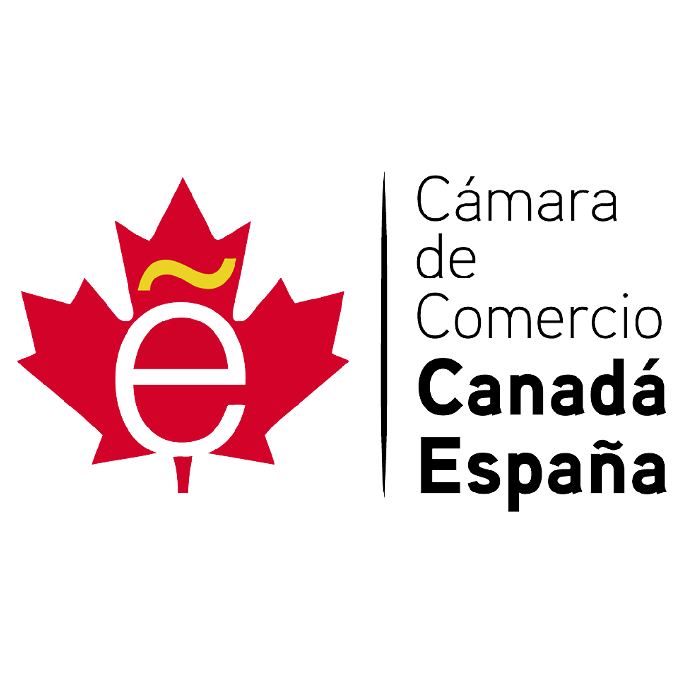 The image displays the logo for the Canada-Spain Chamber of Commerce. It features a red maple leaf, a symbol of Canada, with a stylized letter 'e' and a tilde above it, likely representing Spain. The text "Cámara de Comercio Canadá España" is aligned to the right of the maple leaf.